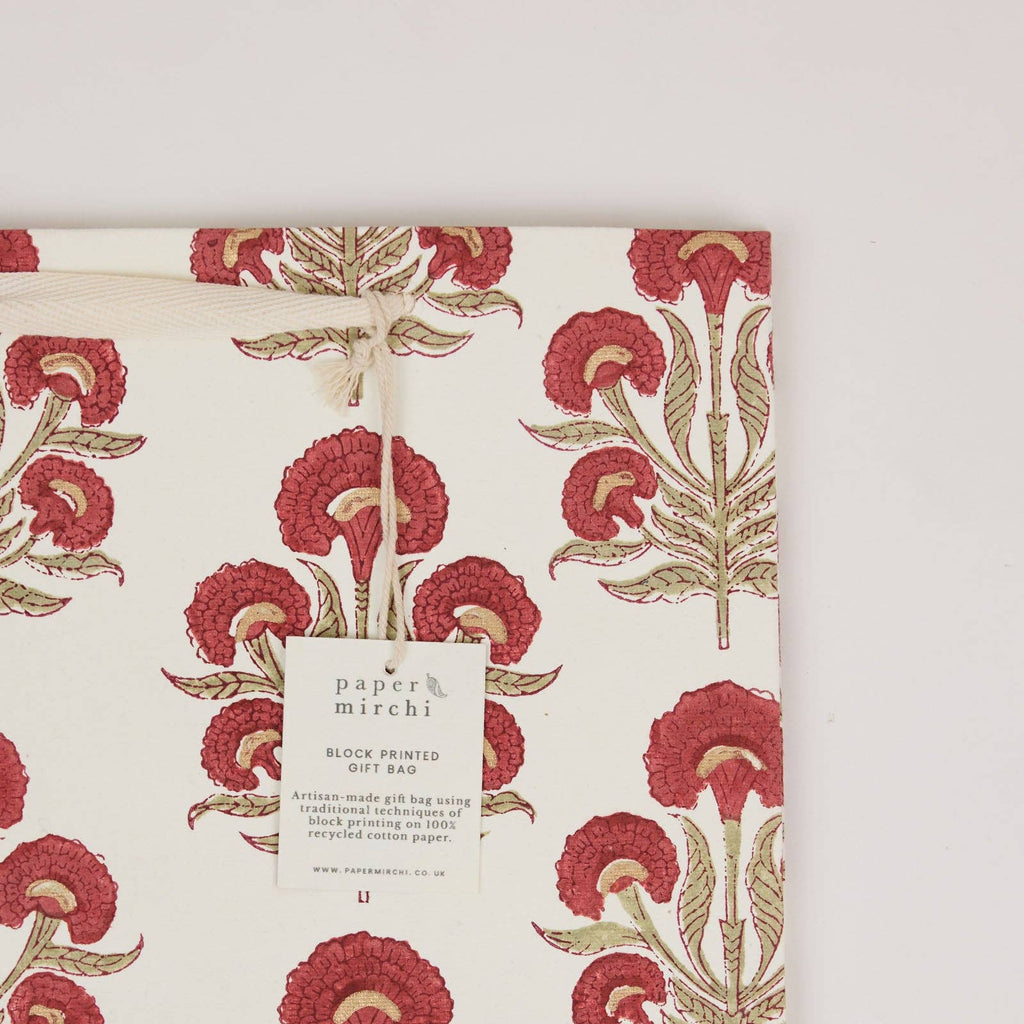 Block Printed Gift Bags - Winter Red - Medium