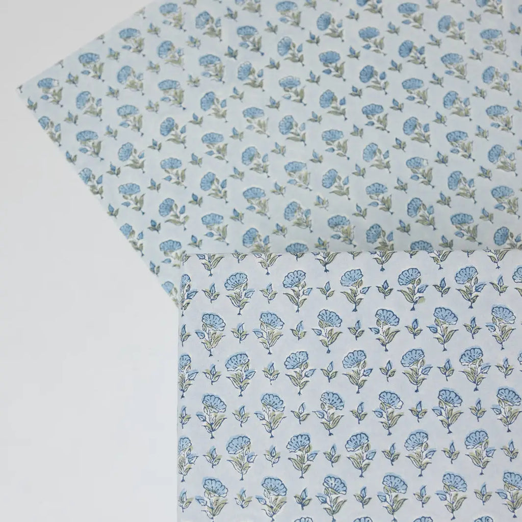 Block Printed Wrapping Paper Sheets - Ditsy Floral Blue Stone