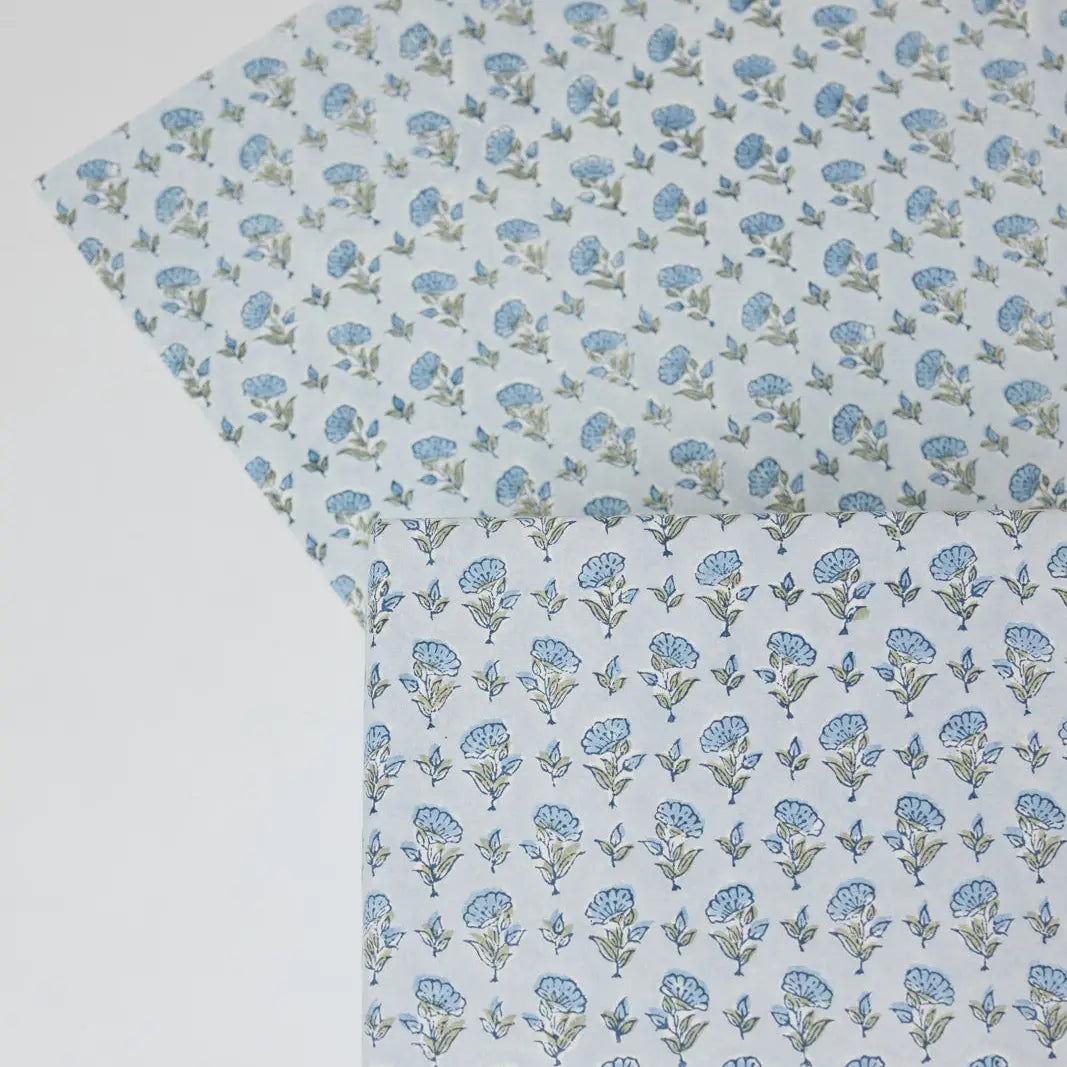 Block Printed Wrapping Paper Sheets - Ditsy Floral Blue Stone