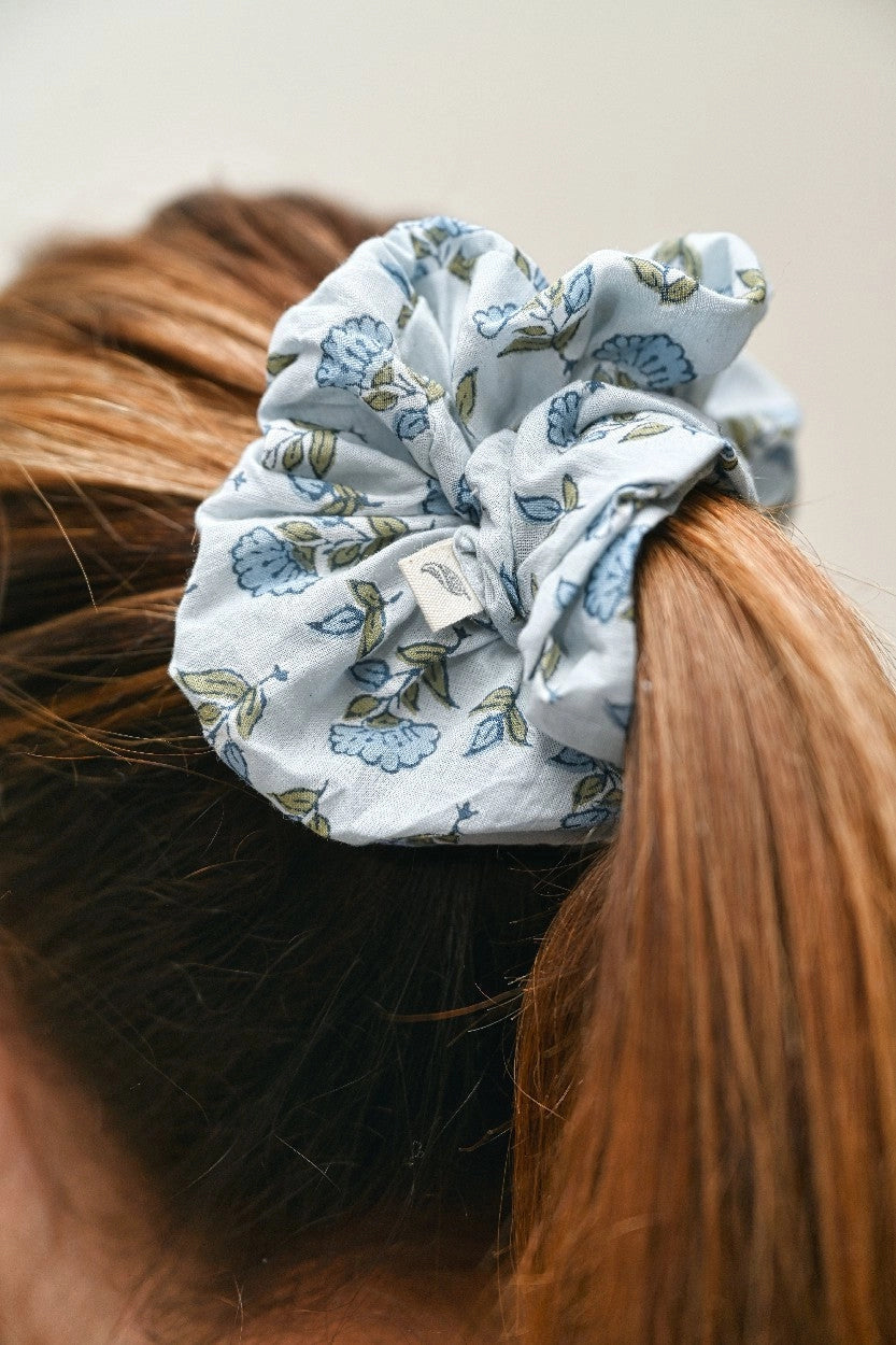 Paper Mirchi Block Printed Eye Mask & Scrunchie Set - Ditsy Floral Blue Stone