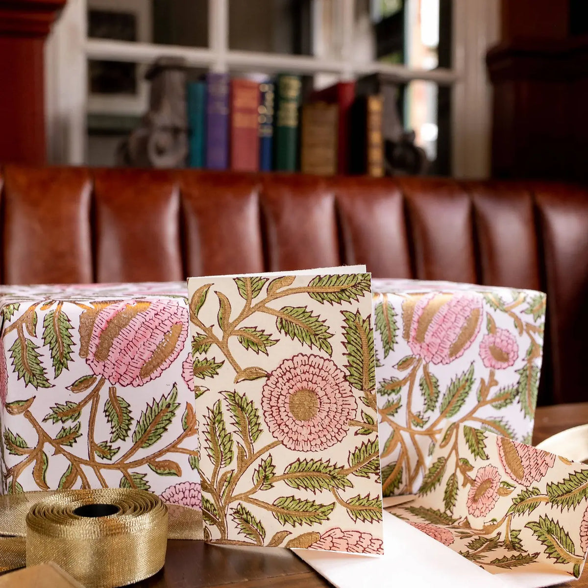 Hand Block Printed Greeting Card - Marigold Glitz Blush