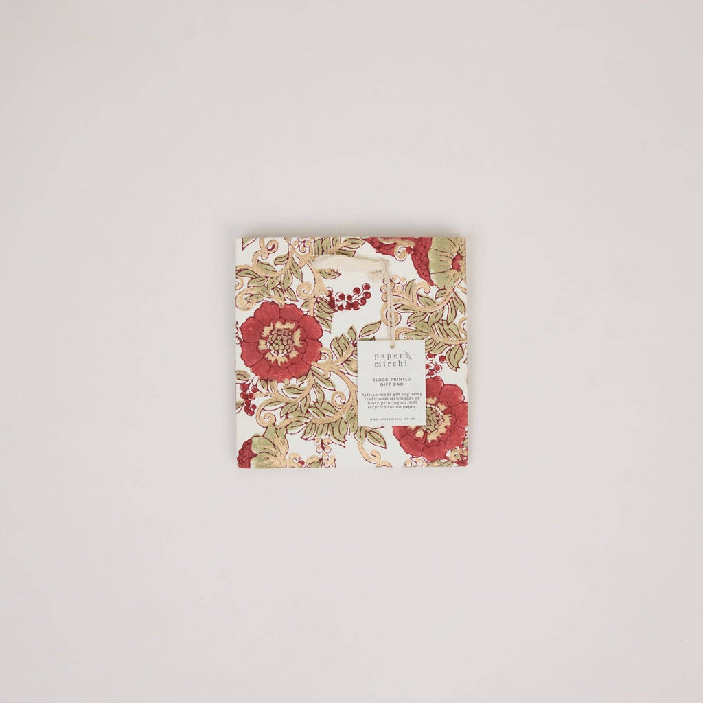 Block Printed Gift Bags - Winter Red - Small