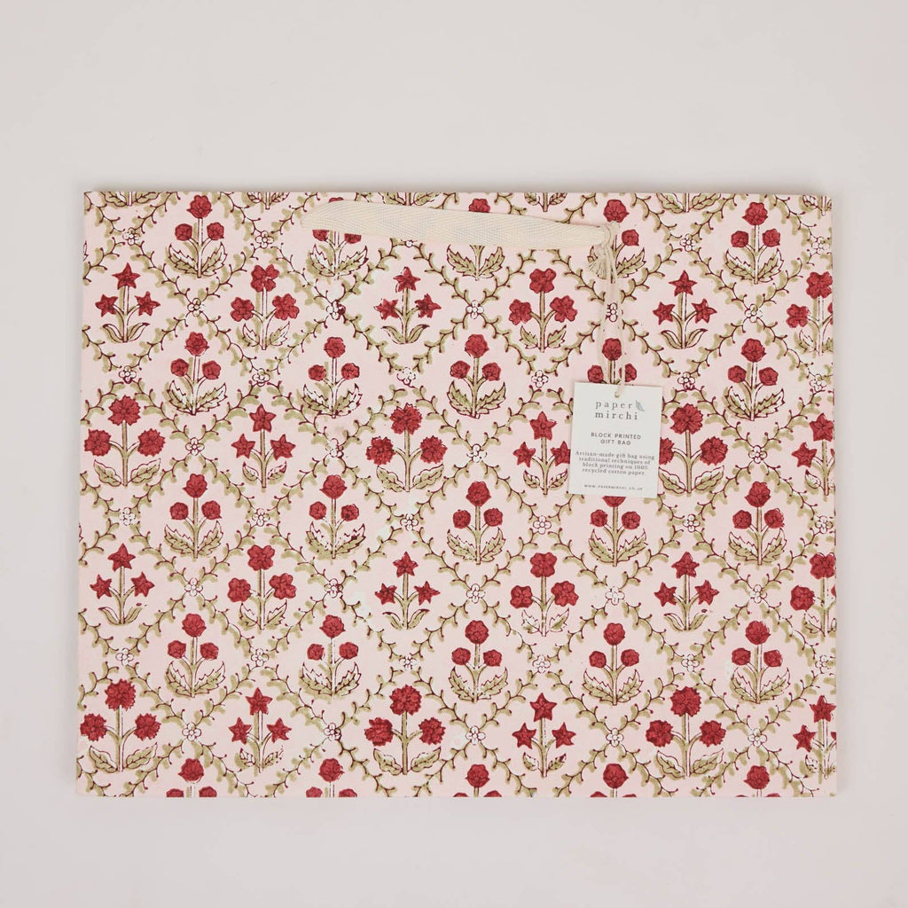 Block Printed Gift Bags - Winter Red - Large
