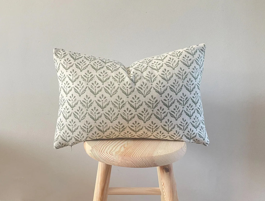 Leaf Print Linen Modern Farmhouse Cushion Cover - Green
