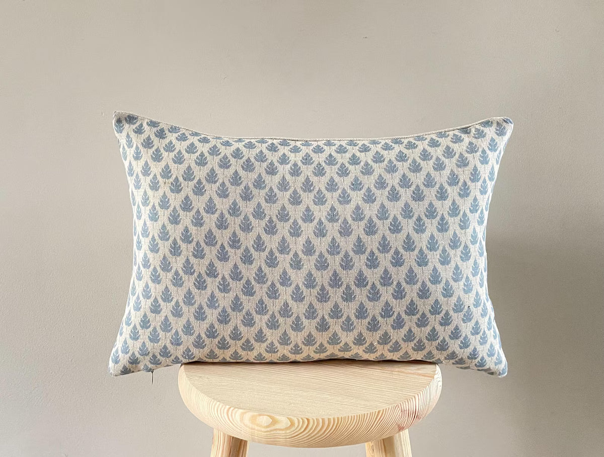 Dusky Blue Linen Cushion Cover - Leaf Print