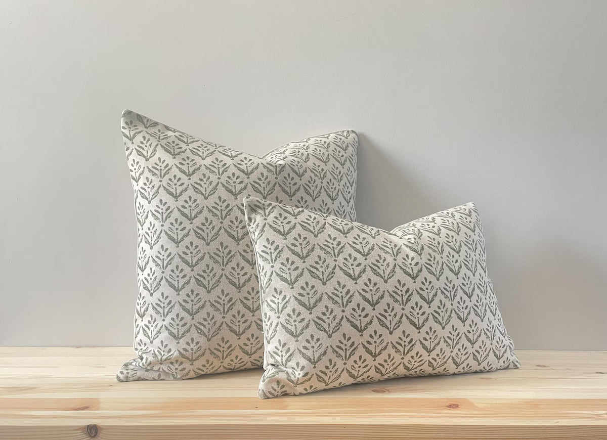 Leaf Print Linen Modern Farmhouse Cushion Cover - Green